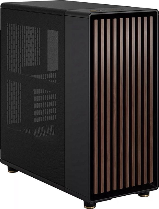 Zwarte pc-behuizing met glazen zijpaneel, houten lamellen en gouden pootjes.