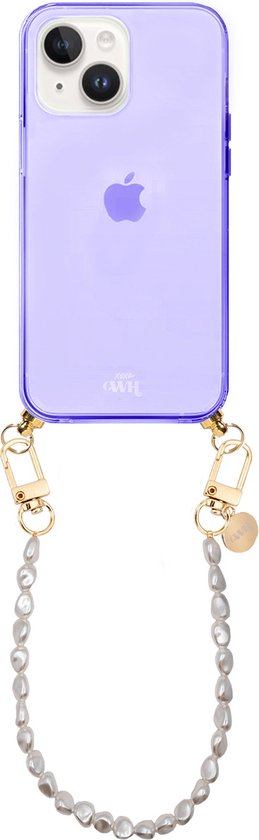 xoxo Wildhearts étui en silicone avec cordon - Étui de téléphone violet avec cordon - chaîne de téléphone - Pearlfection - court - Cord Case - convient pour Apple iPhone 14 - Collier de perles court
