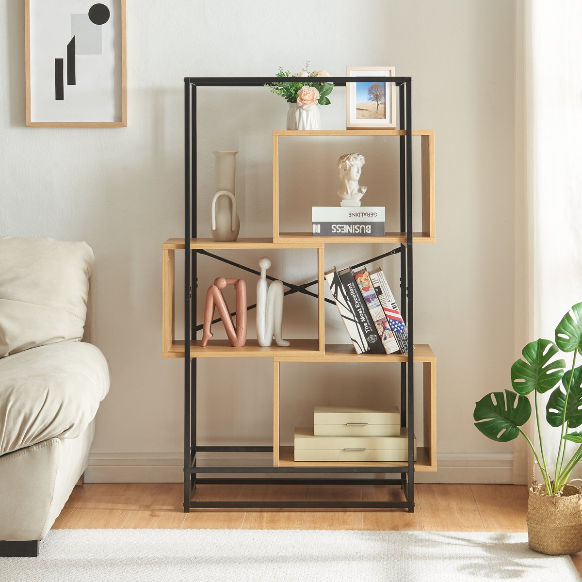 en.casa Boekenkast Rennebu open kast 126x80x33 cm zwart en eikenkleurig [en.casa]
