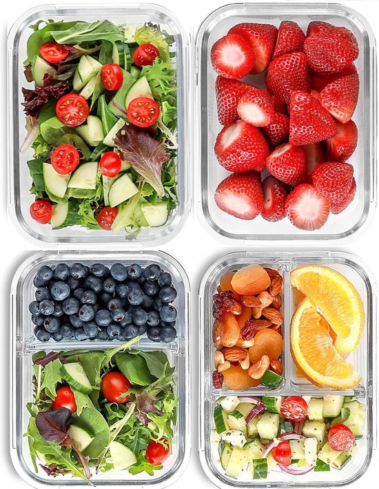 Foto: Botc vershoudbakjes glas meal prep bakjes 4 delige set 1 2 3 compartiment luchtdicht bpa vrij vershouddoos van glas