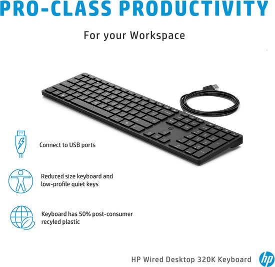 Zwart HP toetsenbord met USB-aansluiting, compact ontwerp en lage profiel toetsen.