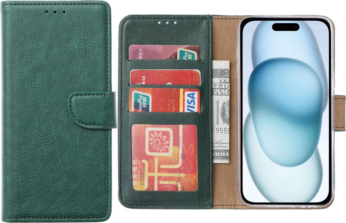 Hoesje Geschikt voor iPhone 15 Plus – Arara bookcase met pasjeshouder- Groen