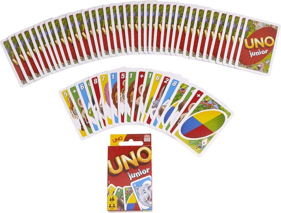 UNO Junior kaarten verspreid, met doosje. Kaarten met dieren: zebra, leeuw, tijger, olifant, giraf.