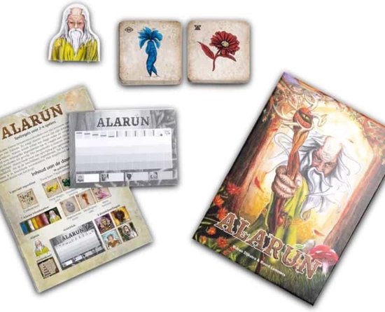 Alarún kaartspel inclusief speldoos met tovenaar, speelbord, token en kaarten met bloemen en wezens.