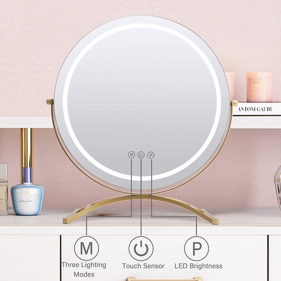 Gouden make-upspiegel met LED verlichting, touch sensor, 3 lichtmodi en instelbare helderheid.