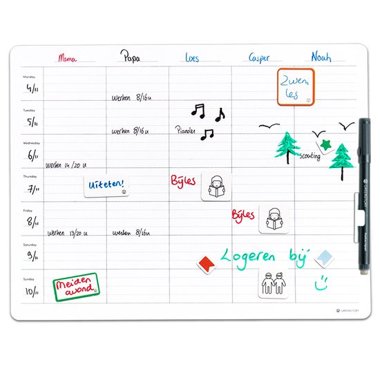 GreenStory - Familie week planbord - Familieagenda - Medium - 5 Personen - Sticky Whiteboard - Met Sticky Pen