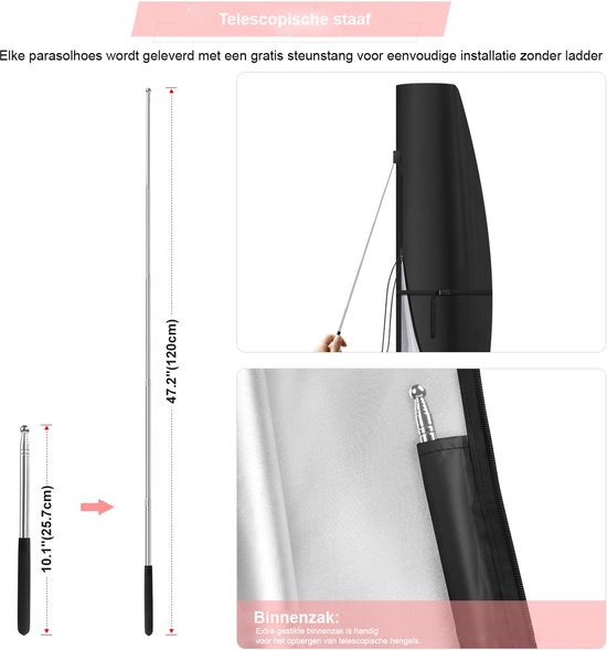 Zwarte parasolhoes met een telescopische staaf en een binnenzak voor opberging.
