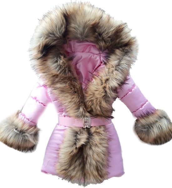 BamBella® Winterjas - Maat 110- Luxe Bontkraag jas Imitatiebont jas kind Roze kinderjas jasje met grote bontkraag