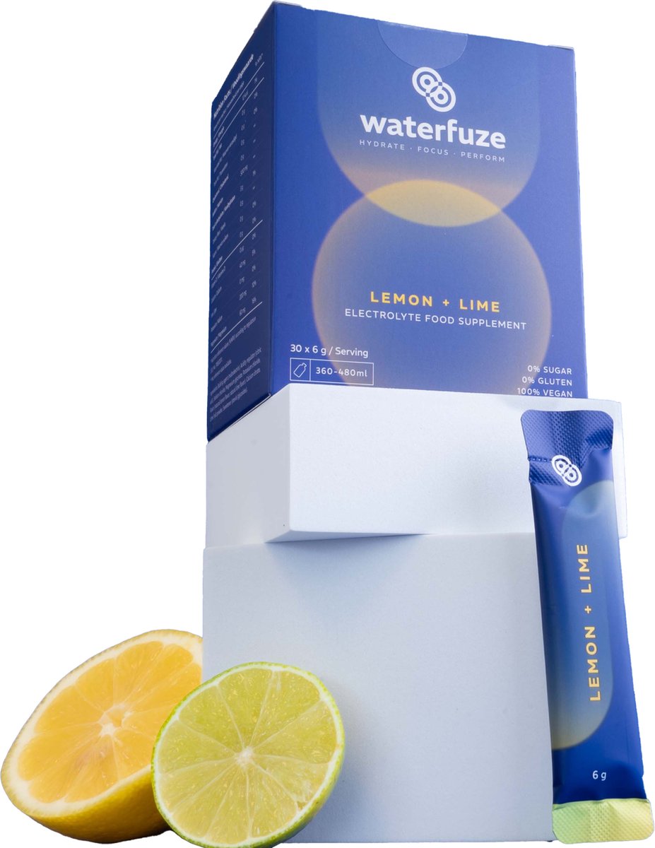 Goedkoopste Waterfuze Elektrolyten Electrolytes poeder - Citroen & Limoen - 30 zakjes van 6g - Magnesium, Calcium, Kalium, Natrium - Voedingssupplement - Mix met water - glutenvrij - suikervrij