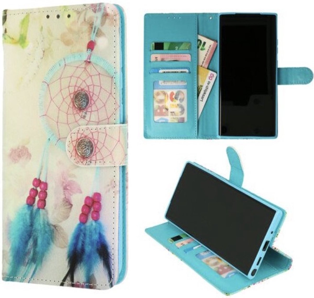 Cityhoesje-iphone 15 Plus – Book Case Print – Dromenvanger Blauw