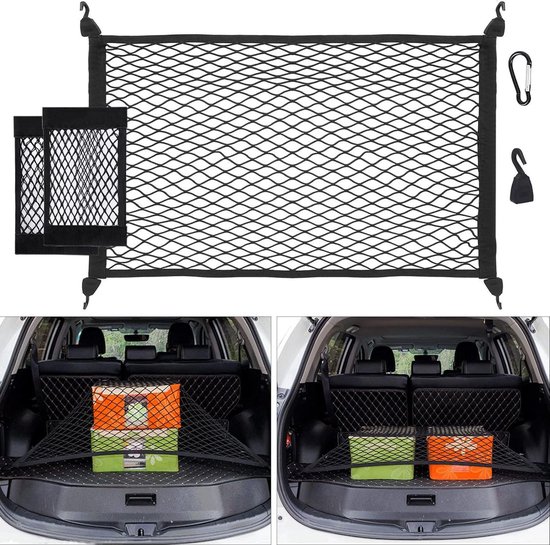 Foto: Kofferbaknet auto bagagenet verlengt tot 140 x 100 cm opbergnet voor kofferbak autodak organizer nettas stalen karabijnhaken abs haken elastische rand lasten vasthouden hondennet auto