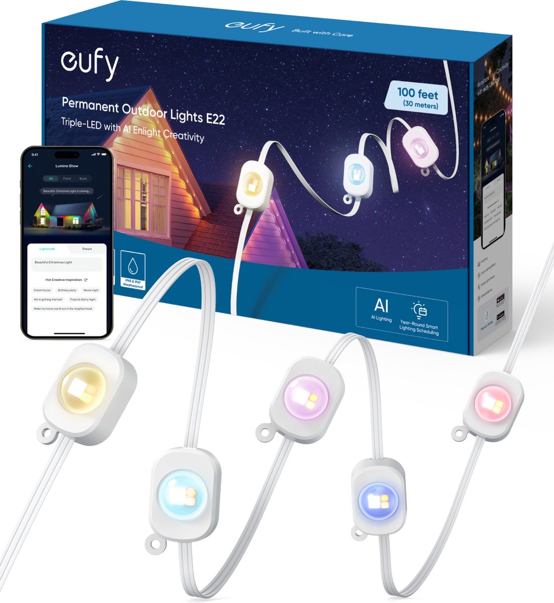 eufy Lightning L30 LED Buitenverlichting - Slimme LEDstrip 30m - Outdoor Light - Instelbare RGB/Witte Verlichting - IP65 Waterdicht - Werkt met eufy Life-app - 1500K-9000K