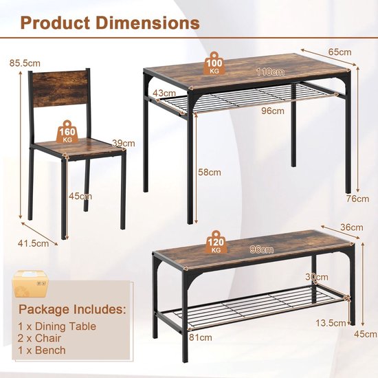 Eetset - Eettafel & 2 Stoelen, Modern Industrieel Ontwerp 3-delig Eetkamermeubilair met Gecoat Stalen Frame, SoBuy OGT19-N | NL