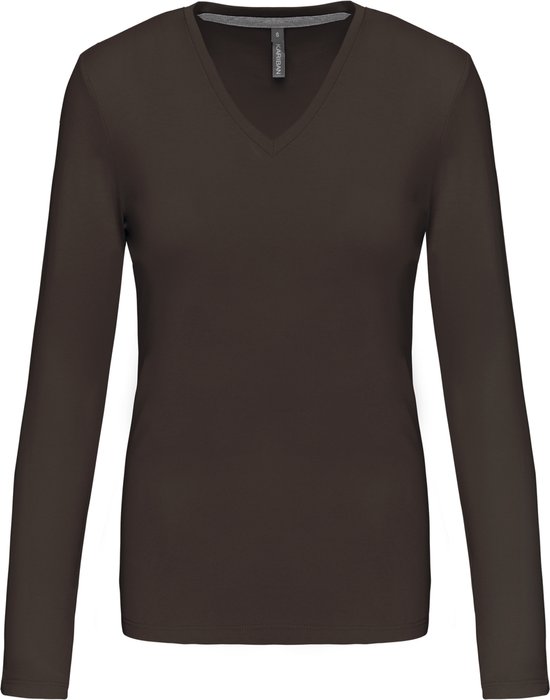 Kariban Dames t-shirt V-hals lange mouwen K382 Chocolate XXL bol