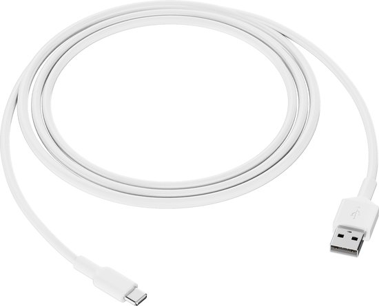 Een witte USB-A naar USB-C kabel, opgerold.