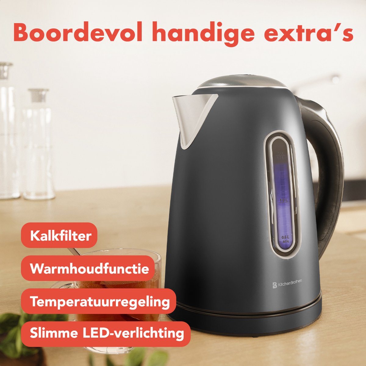 KitchenBrothers Waterkoker - Met Temperatuurregeling - Elektrisch - PFAS- & BPA-vrij - Met Kalkfilter - 1,7L - Zwart/RVS — afbeelding 3