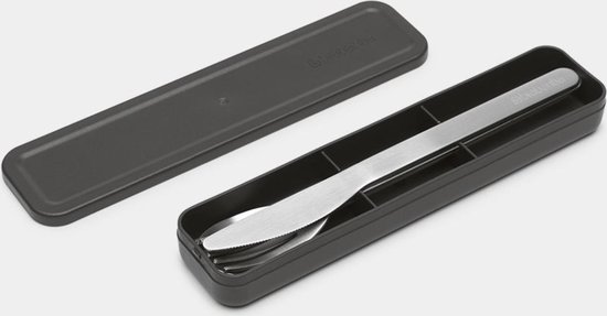 Étui à couverts Brabantia gris foncé avec couteau et fourchette en acier inoxydable.
