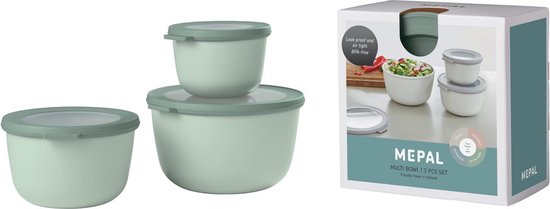 Mepal - Ensemble de 3 bols multiples Mag (500 + 1000 + 2000 ml) - Passe au congélateur, au micro-ondes et au lave-vaisselle - Sauge nordique - Plateaux de préparation de repas - Boîtes de rangement avec couvercle