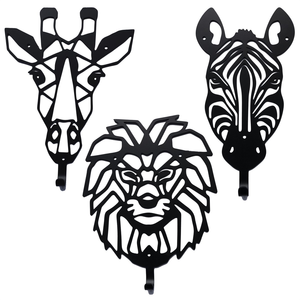 Muuzey Kinderkapstok – Jungle dierenkoppen - Safari – Kinderkapstok - Kinderkamer - Babykamer kapstokken - Zwarte wandkapstok - Kapstok kinderkamer - Babykamer - Babykamer accessoires - Dieren kapstok - Mataal - Zebra - Leeuw - Giraf