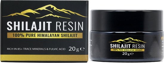 Zwarte doos en pot Shilajit Resin 20g met gouden berg-logo, naast elkaar op witte achtergrond.