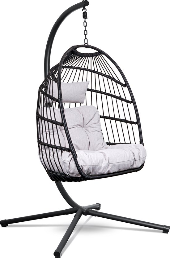 Swoods Egg Hangstoel – Hangstoel met standaard – Egg Chair – tot 150kg – Zwart/Lichtgrijs