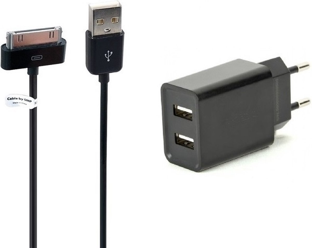 OneOne 2.1A lader + 2,2m kabel. Oplader adapter met 2 poorten Non origineel snoer past op Apple iPhone 3G, 3Gs, iPhone 4, 4s, iPad 1, iPad 2, iPad 3, iPod Classic, iPod Mini, iPod Nano 1, 2, 3, 4, 5, 6, iPod Touch 1, 2, 3, 4