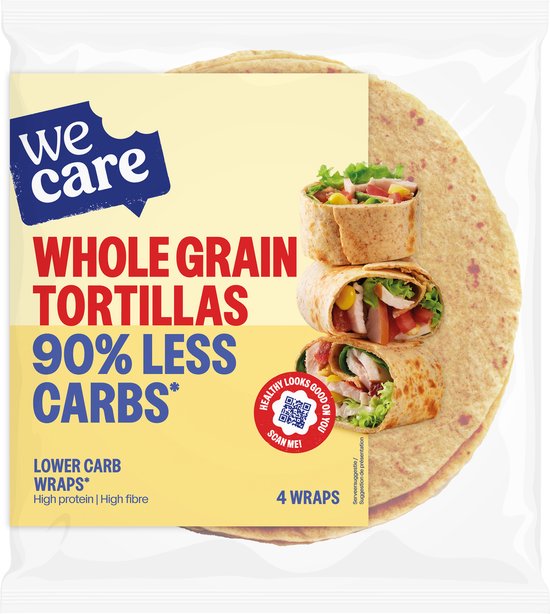 Gele verpakking met 'we care' logo, tekst 'WHOLE GRAIN TORTILLAS 90% LESS CARBS' en een afbeelding van drie gevulde wraps.