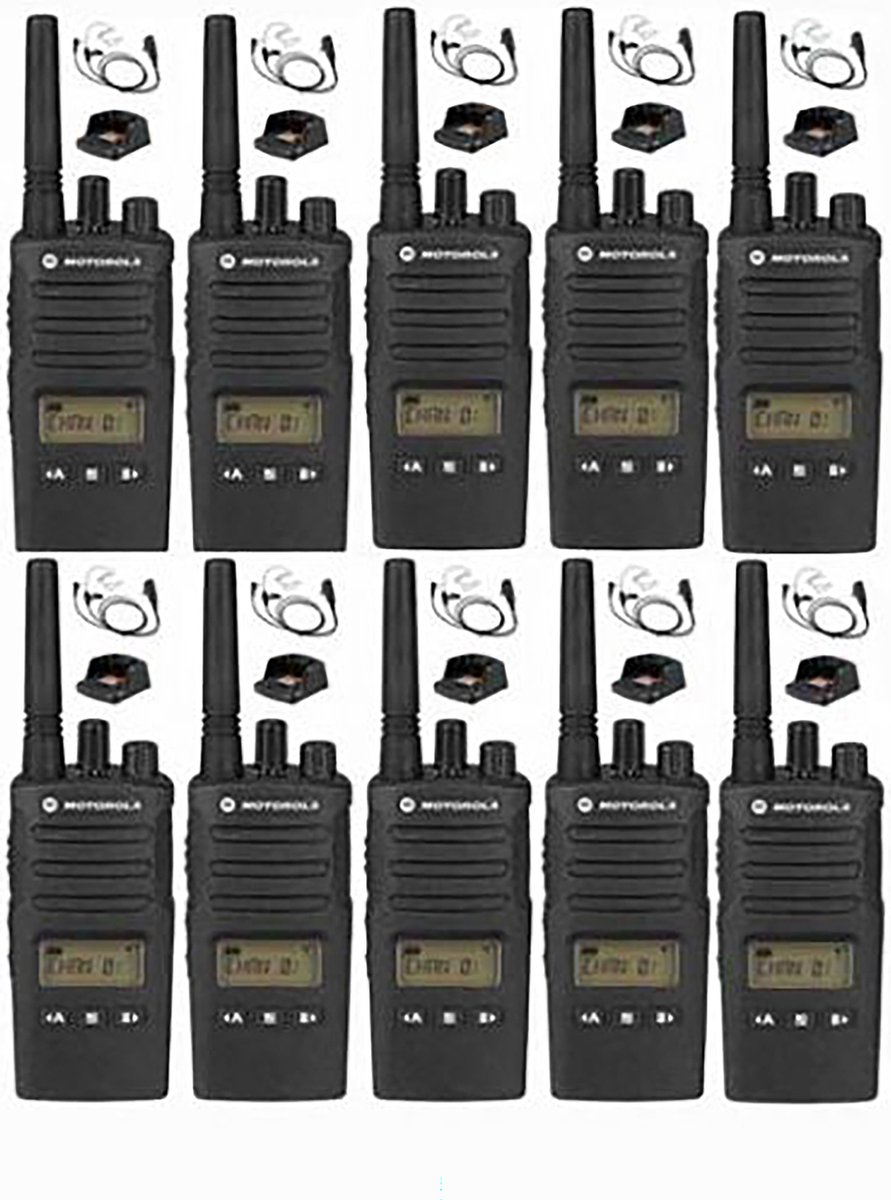 Set van 10 Motorola XT460 IP55 PMR446 met beveiliging oortje M1 2-Pins en tafellader