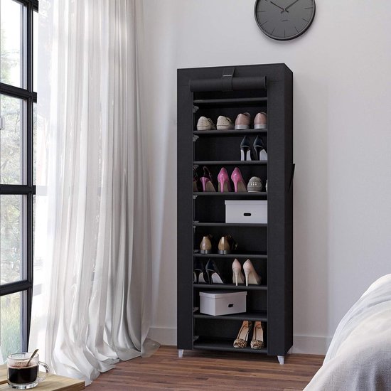 SONGMICS RXJ36H schoenenrek met 10-laags stofdichte overtrek, 28 x 88 x 160 cm, schoenopbergkast, schoenenorganizer, schoenenstandaard, geschikt voor 40-50 paar schoenen, voor woonkamer, hal, zwart