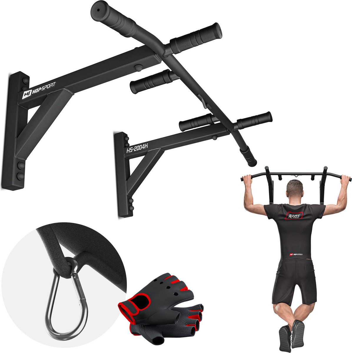 Hop-Sport Wandgemonteerde Optrekstang HS-2004K - Duurzame Fitnessapparatuur met 6 Antislip Handgrepen - Stabiele en Veilige Pull-Up Bar voor Thuisgebruik - Maximaal Belastbaar Tot 210 kg - Zwart - Ideaal voor Krachttraining thumbnail 3