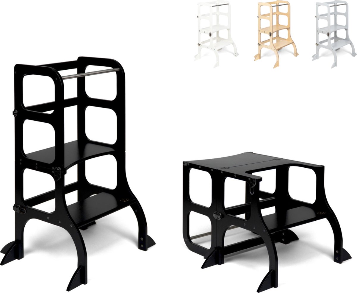 Ette Tete Step 'n Sit - Leertoren - Zwart met zwarte clips - Inklapbaar tot tafel en stoel - Met extra support - Learning Tower - Montessori inspired - Keukentrap - Keukenhulp - Leerstoel - Veilig -Duurzaam