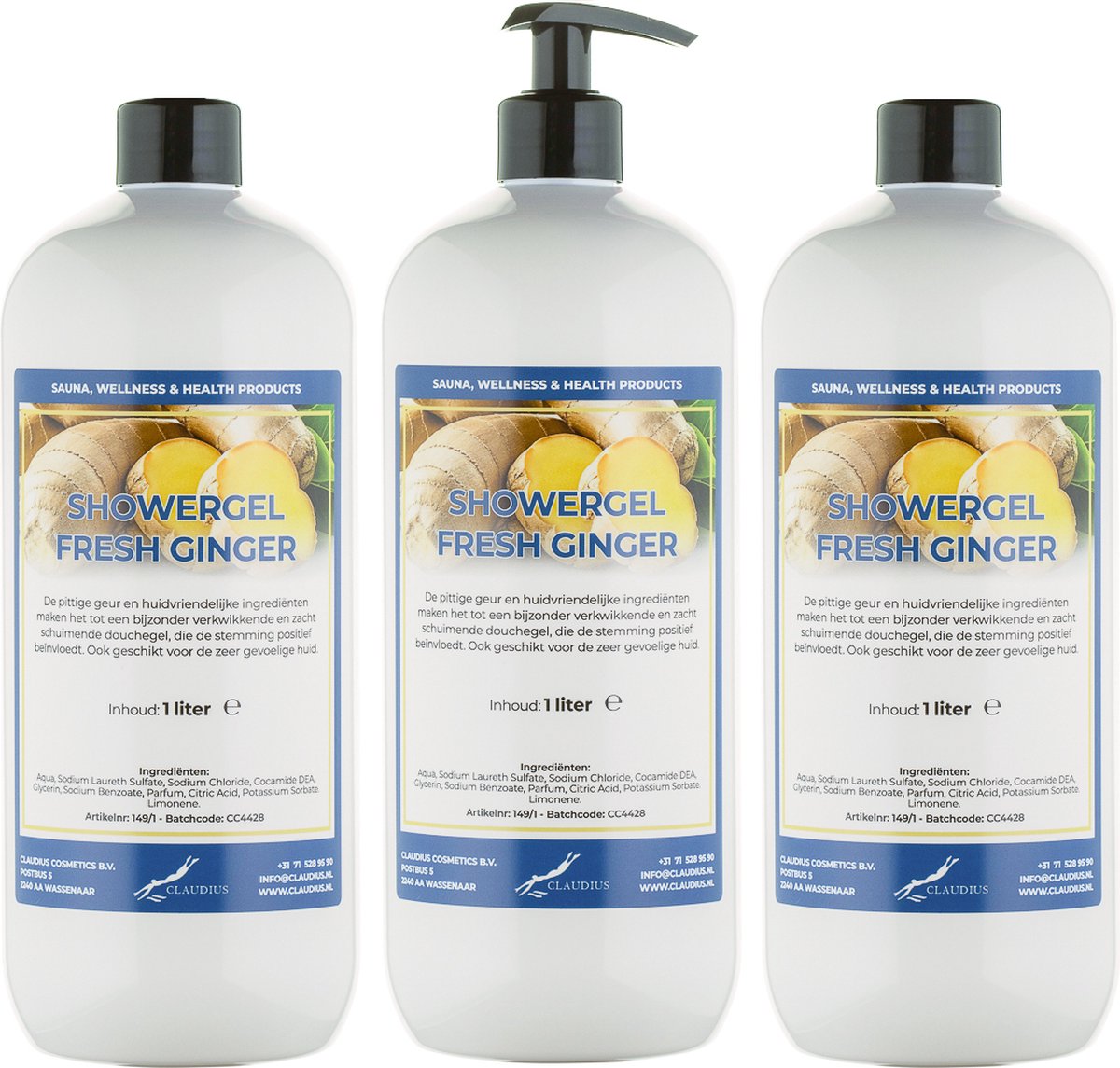 Goedkoopste Douchegel Fresh Ginger 1 liter - set van 3 stuks - met gratis pomp - showergel