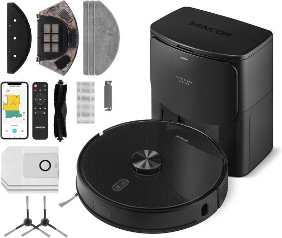 Sencor SRV 9185BK Robotstofzuiger met dweilfunctie – Laadstation – Met leegstation – Verwijderd huisdieren haren - Lidar-laser – App bediening – Bluetooth – 4 zuigniveaus – 3 dweilniveaus – TOF-sensor – Multi-rooming – Multi-mapping