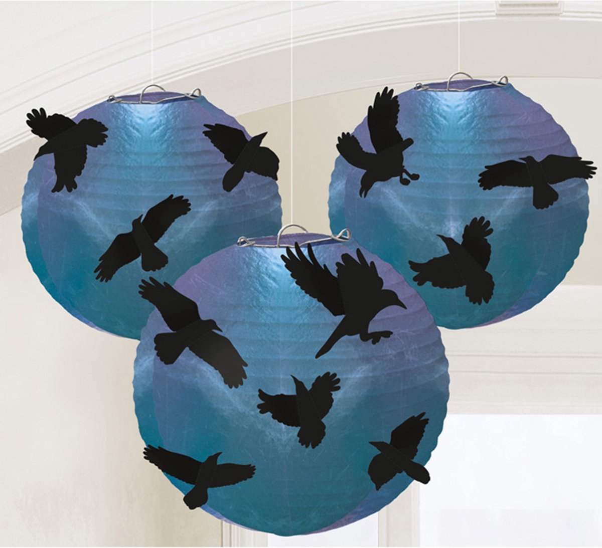 Amscan - Lampionnen Raven papier blauw/zwart 3 stuks - Lampion sint maarten - lampionnen - Sint maarten optocht - lampionnen papier