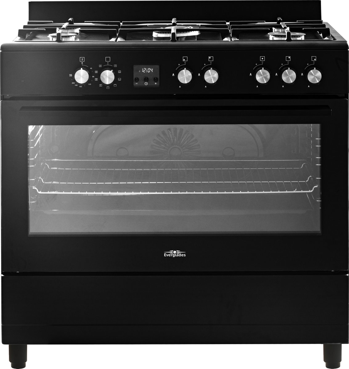 Everglades EVCK9020 - Gasfornuis - Mat Zwart - 90CM - 9 Ovenstanden - Stoomfunctie - Gietijzeren Pannendragers - Wokbrander - Digitale Timer - 5 Jaar Garantie