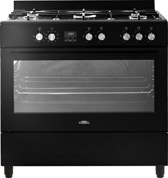 Foto: Everglades evck9020 gasfornuis mat zwart 90cm 9 ovenstanden gietijzeren pannendragers wokbrander digitale timer 5 jaar garantie