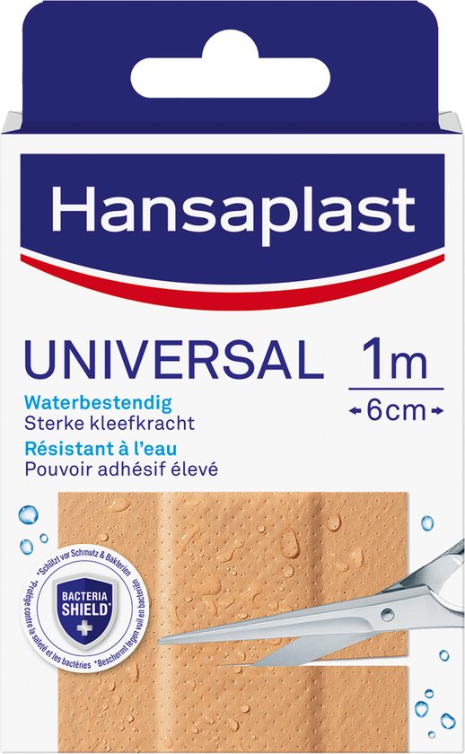 Doos met Hansaplast Universal pleisters. Waterbestendig, sterke kleefkracht. Een pleister met waterdruppels en een schaar.