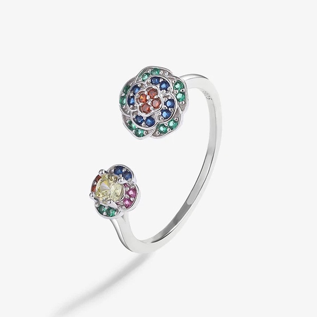 N3 Collecties 925 Sterling Zilver Asymmetrische Dubbele Bloem Ronde Volledige Diamanten Ring voor Dames