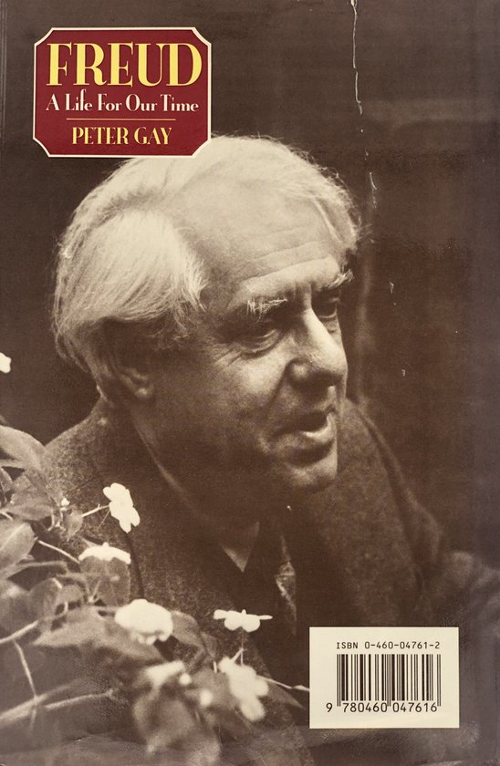 Boek met de titel 'FREUD A Life For Our Time' door Peter Gay. Een zwart-wit portret van een oudere man met grijzend haar, in de buurt van planten.