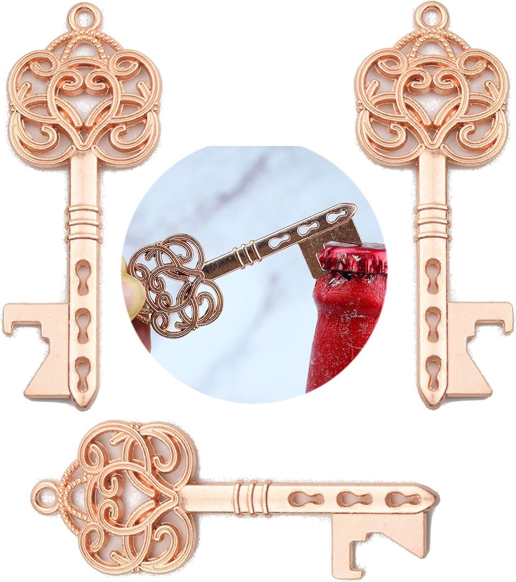 50 stks Vintage Rustiek Bruiloft Cadeau Souvenir Set met Skelet Sleutel Flesopeners, Bonbondoos, Bedankt Label, Frans Lint (Rose Goud)