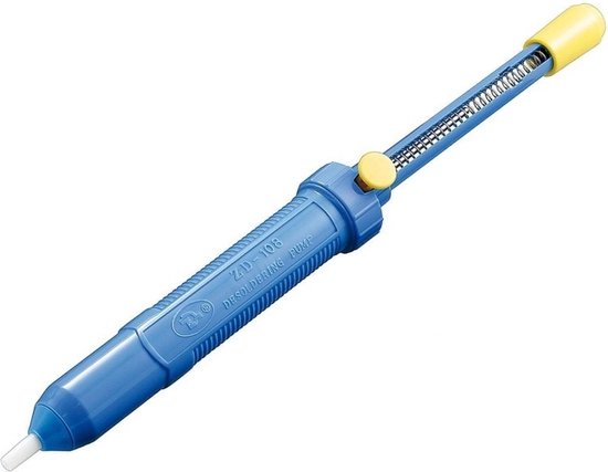 Blauwe desoldeerpomp met gele dop, met de tekst "ZD-108 DESOLDERING PUMP".