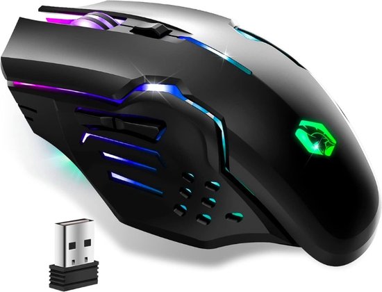 StayPowered Gaming Muis - Ultieme Vrijheid en Precisie - Draadloos 2,4 GHz - Oplaadbaar - 100 Uur Gebruik - 4800 DPI - RGB Verlichting - Ergonomisch Ontwerp - Plug-and-Play Compatibiliteit - Zwart - Levering Sneller dan Aangegeven!