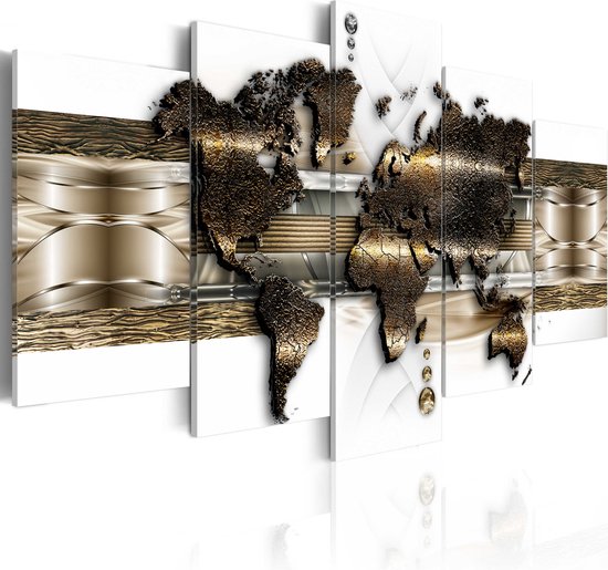 Peinture - Carte du Wereldkaart - Metal World, Metal Look, 5 trappes, 200x100cm , décoration murale , impression premium sur véritable toile italienne, pour chambre et salon, look 3D