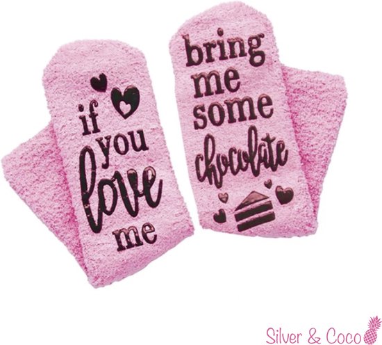 SilverAndCoco® - Gekke Vrolijke Foute Roze Happy Sokken Kleding / Leuke Grappige Dikke Warme Dames Socks / Verjaardag Geschenk accessoires Sok Outfit Katoen / Vrouwen cadeau met Tekst - Chocolade