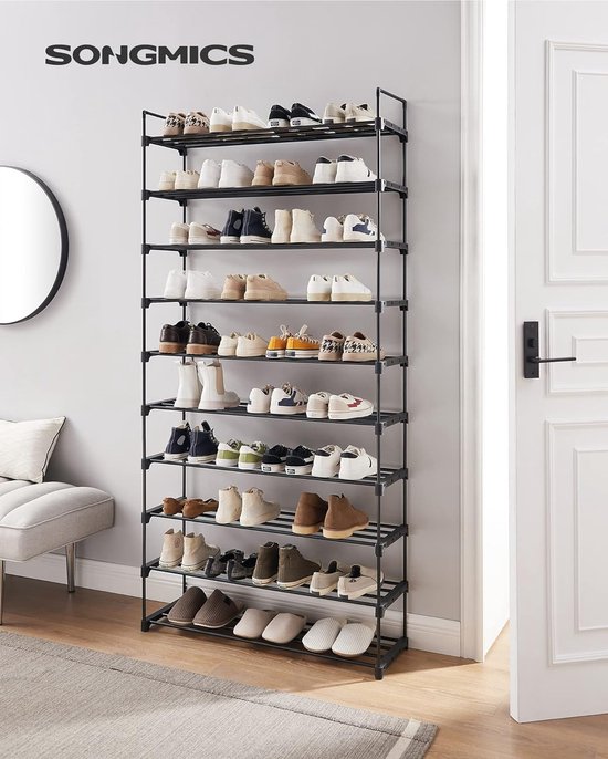Shoe Rack with 10 Levels, Metal Shoe Storage for Up to 50 Pairs of Shoes, Shoe Planner for Living Room, Hallway and Dressing Room, 30 x 94 x 206 cm, Black