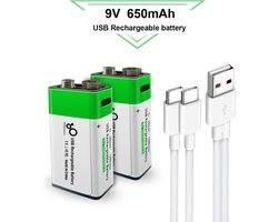 Oplaadbare batterijen Type 9 Volt 650 mAh met USB Type-C Kabel opladen - Duurzame Keuze - Lithium 9v batterij - 2 stuks