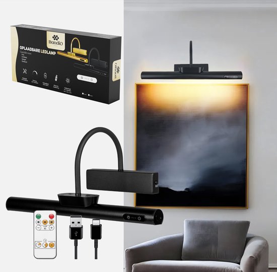 Foto: Bandio florence zwart wandlamp oplaadbaar schilderijlamp draadloos led wandlamp binnen woonkamer oplaadbaar wandlampen dimbaar wandlamp schilderijverlichting draadloos led schilderijlamp oplaadbaar oplaadbare schilderijverlichting