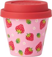 Quy Cup - 90ml Ecologische Reis Beker - Espresso beker “Strawberry - AARDBEI” met rode Siliconen deksel 7x7x7cm