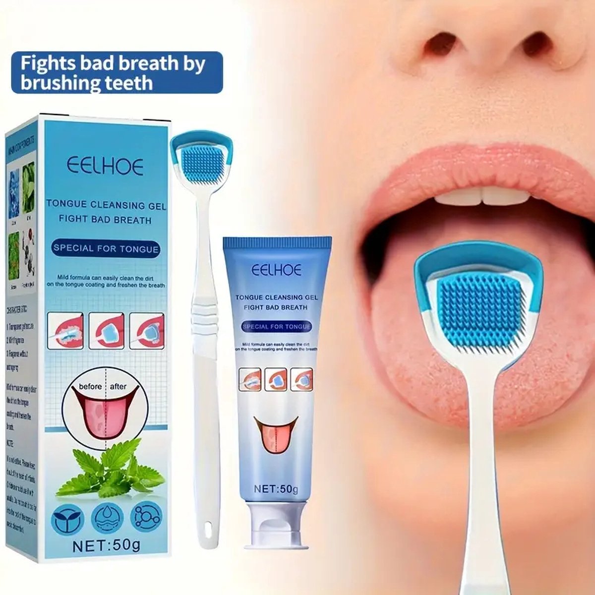 Goedkoopste Tong reinigingsgel met Borstel - Voor Frisse Adem en Mondverzorging - (50g) - Elimineert slechte adem - Tong verzorging - Langdurige frisheid - Effectieve Samenstelling - Gratis Tong borstel - Tong schraper