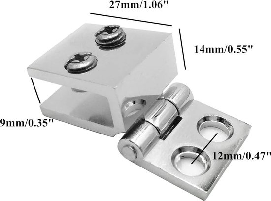 Glanzend metalen scharnier met afmetingen 27x14mm, met twee schroeven aan één kant en een scharnier aan de andere kant.